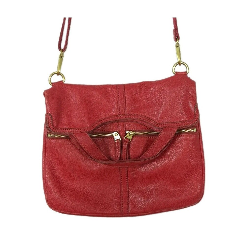 Fossil Cow Leather Foldover Tote Crossbody Bag Erin Red Pockets Removable Strap